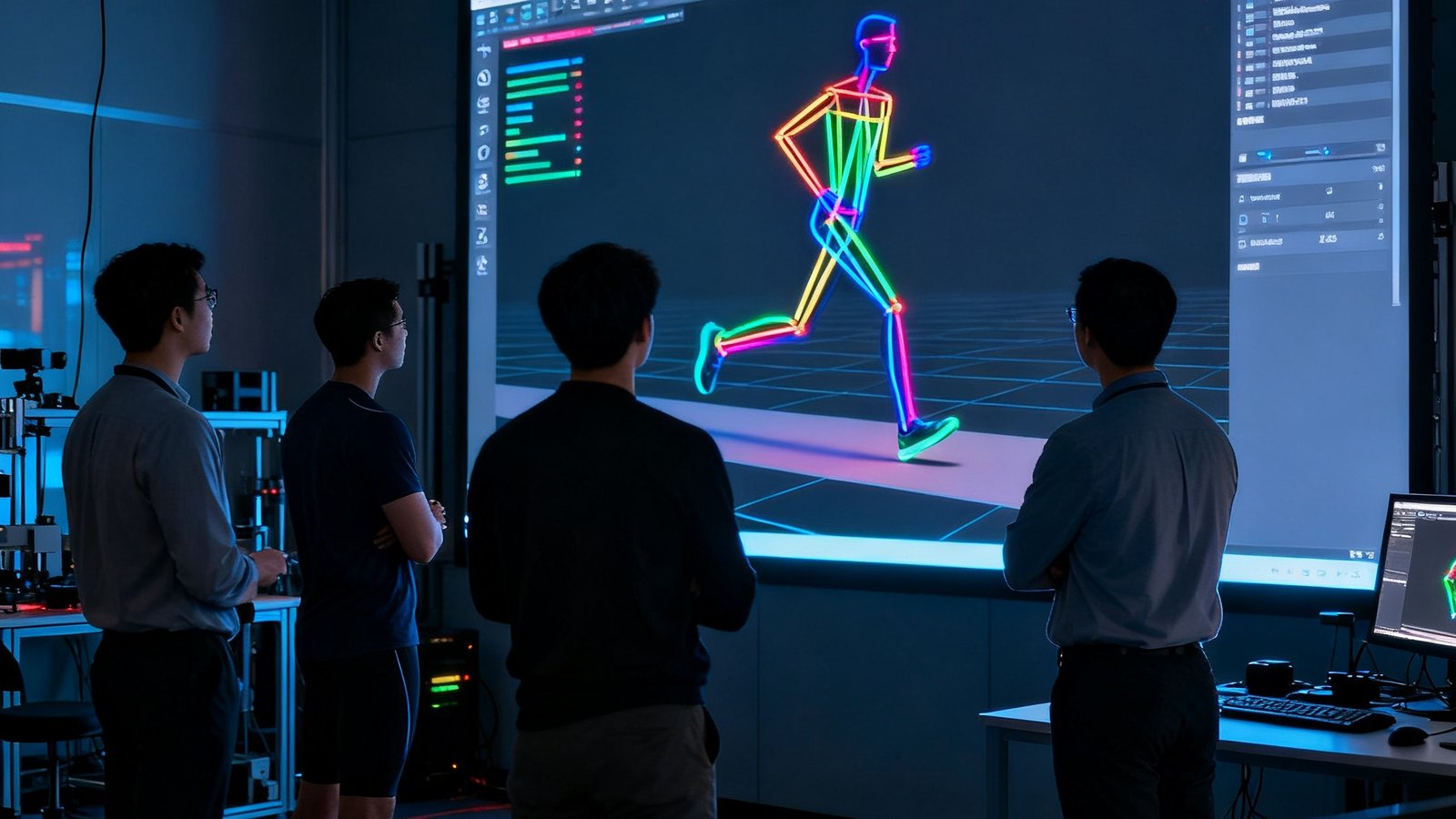 运动科学实验室中，研究人员正在大屏幕前分析跑步步态的3D动作捕捉数据，彩色线条显示关节运动轨迹